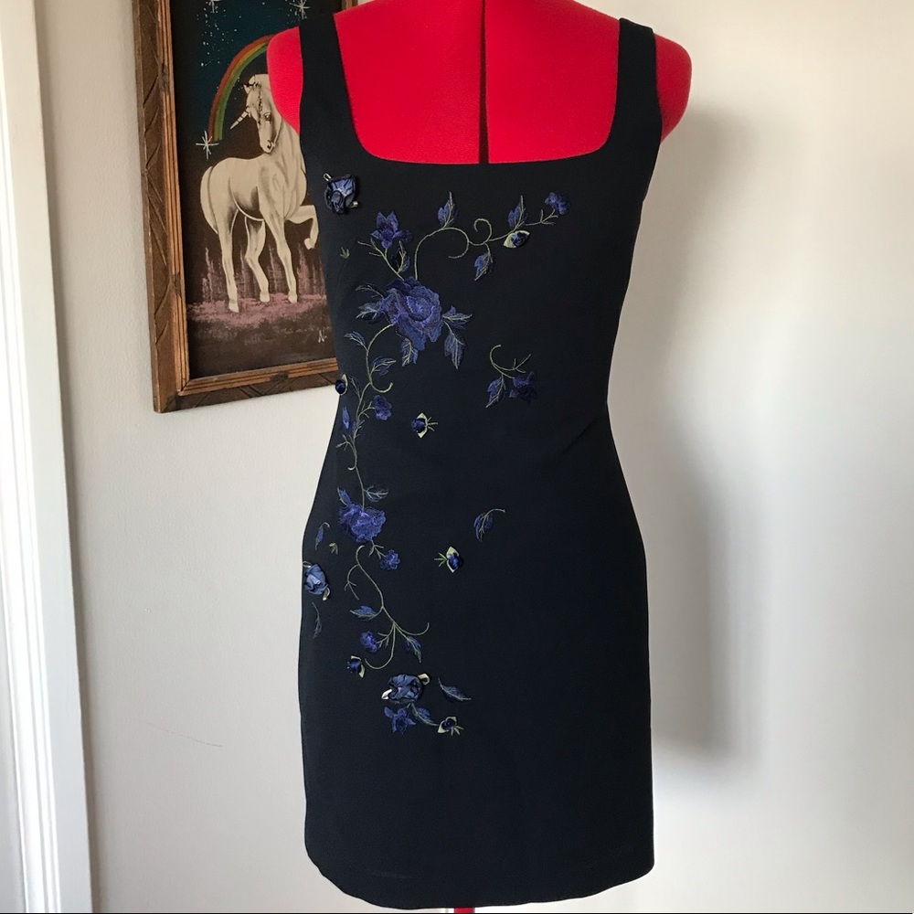 Navy Blue Floral Embroidered 90’s Dress